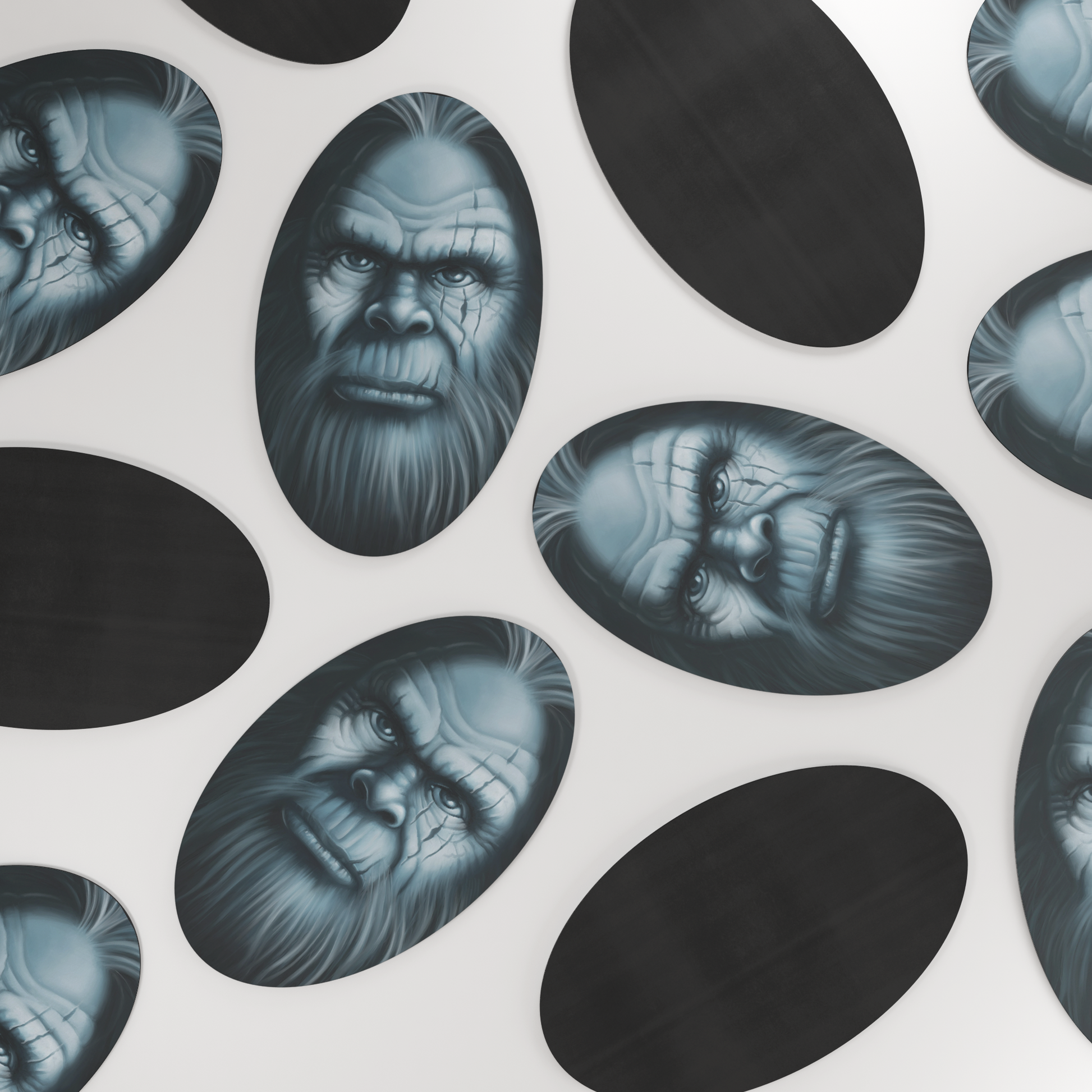 Bigfoot_Face_Magnet_OvalCarMagnet_Scattered_V_Mockup.png